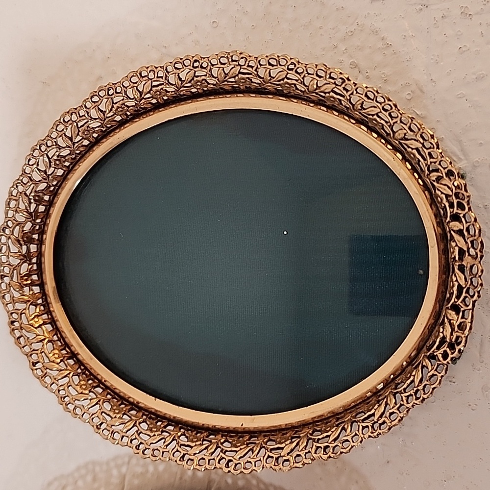 Antique Small Embossed Brass Oval Picture Frames Victorian Emerald Velvet